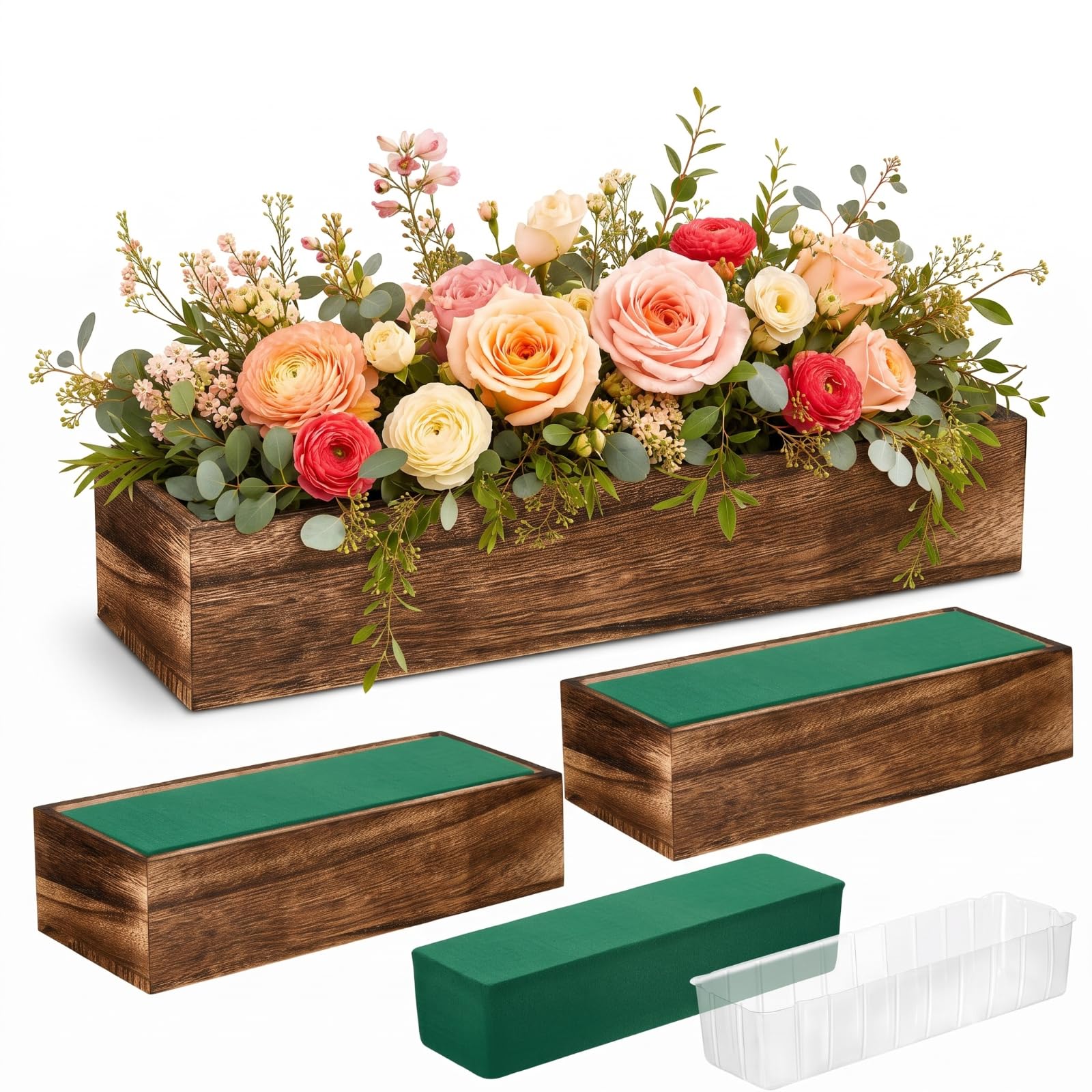 Dandat front view of three wooden planters showing rustic finish and practical liners