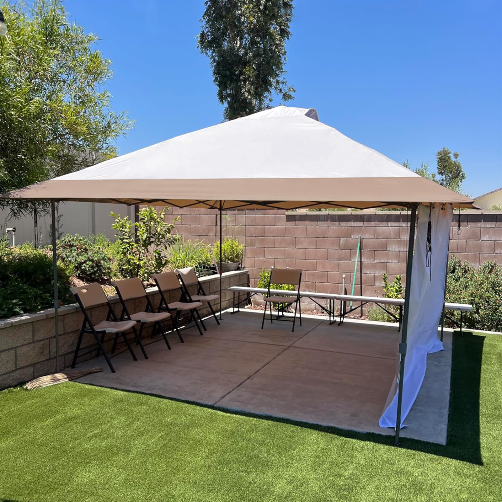 D&ONEHOS canopy top next to person showing 13x13 scale and fit on frame