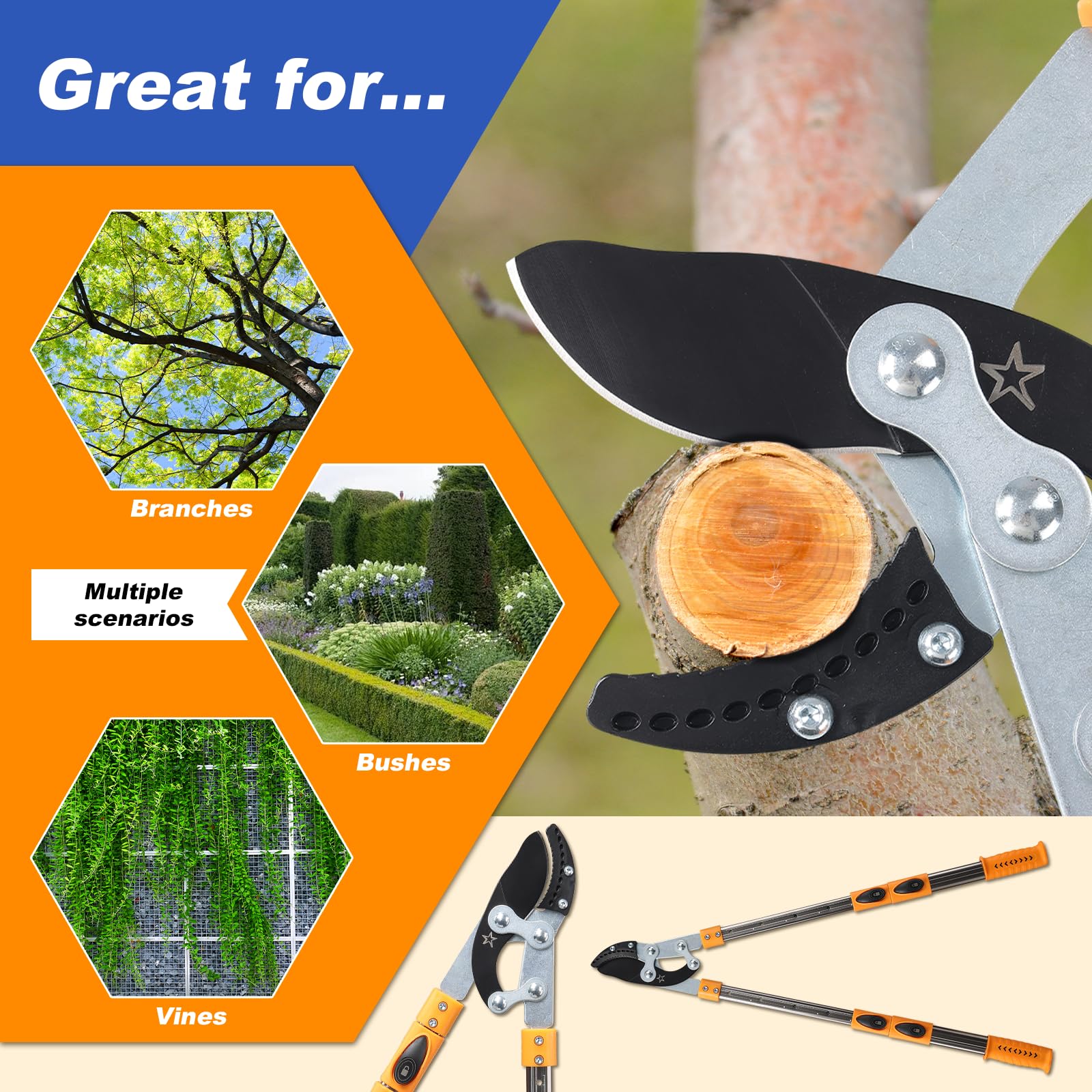 Daneried garden scene using loppers on tall shrub for safe pruning