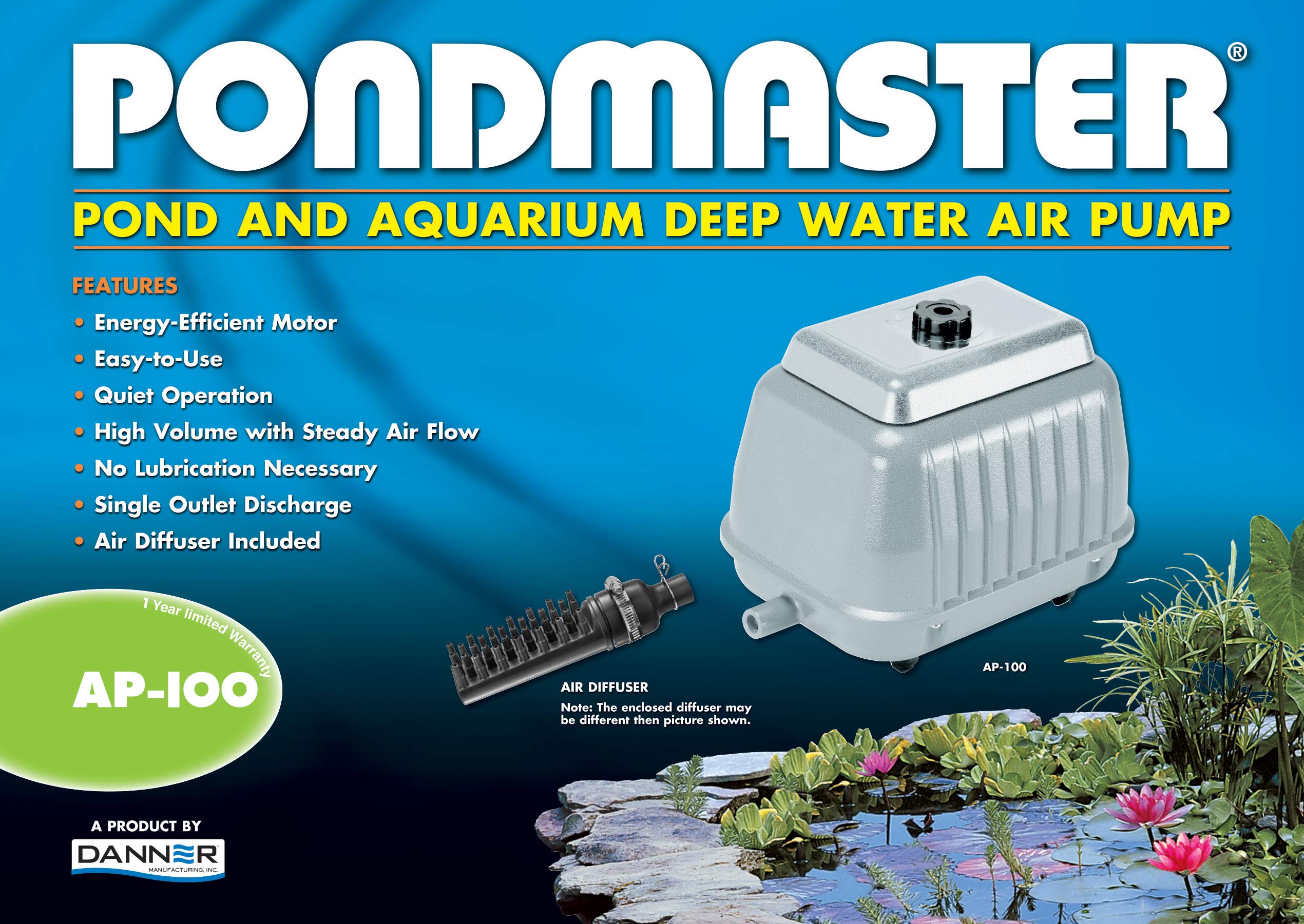 Danner Pondmaster AP-100 scale and dimensions displayed to plan placement and enclosure