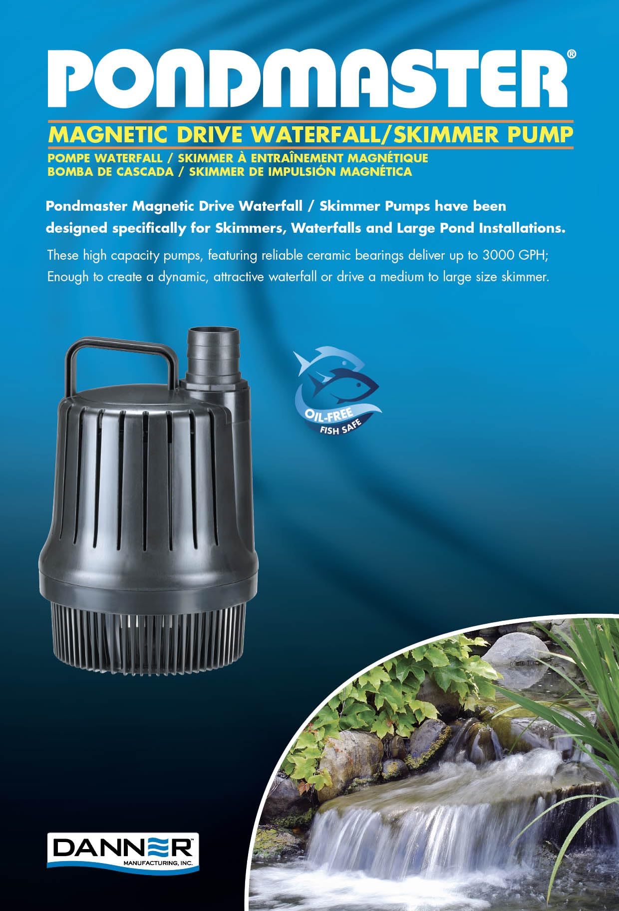 Danner Pondmaster close-up of impeller and filter screen highlighting clog-resistant design