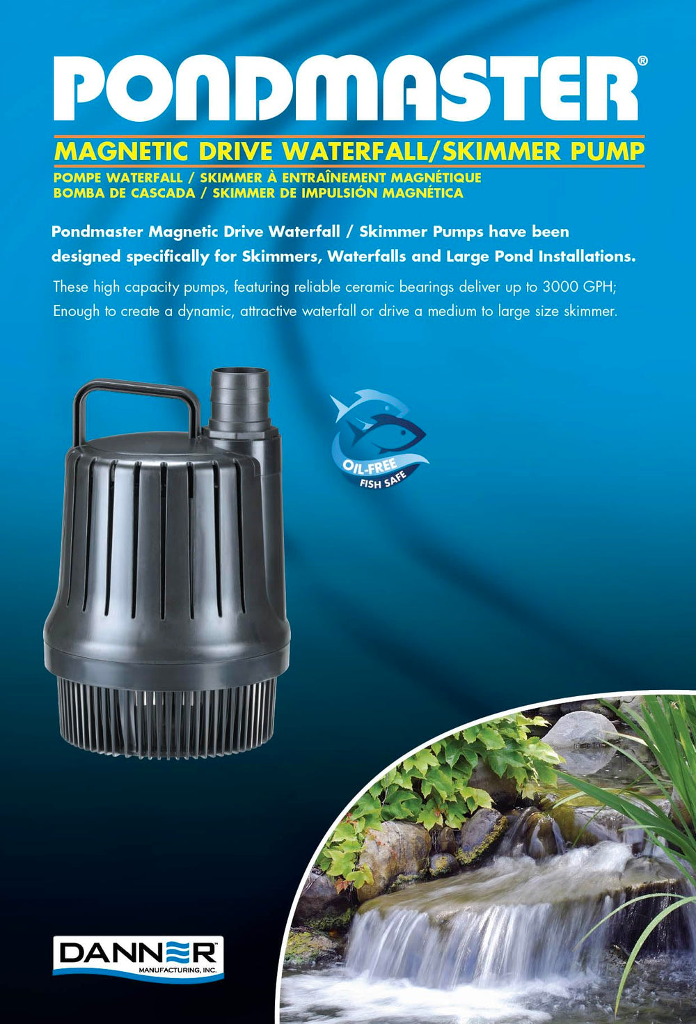 Danner Pondmaster close-up of impeller and filter screen highlighting clog-resistant design