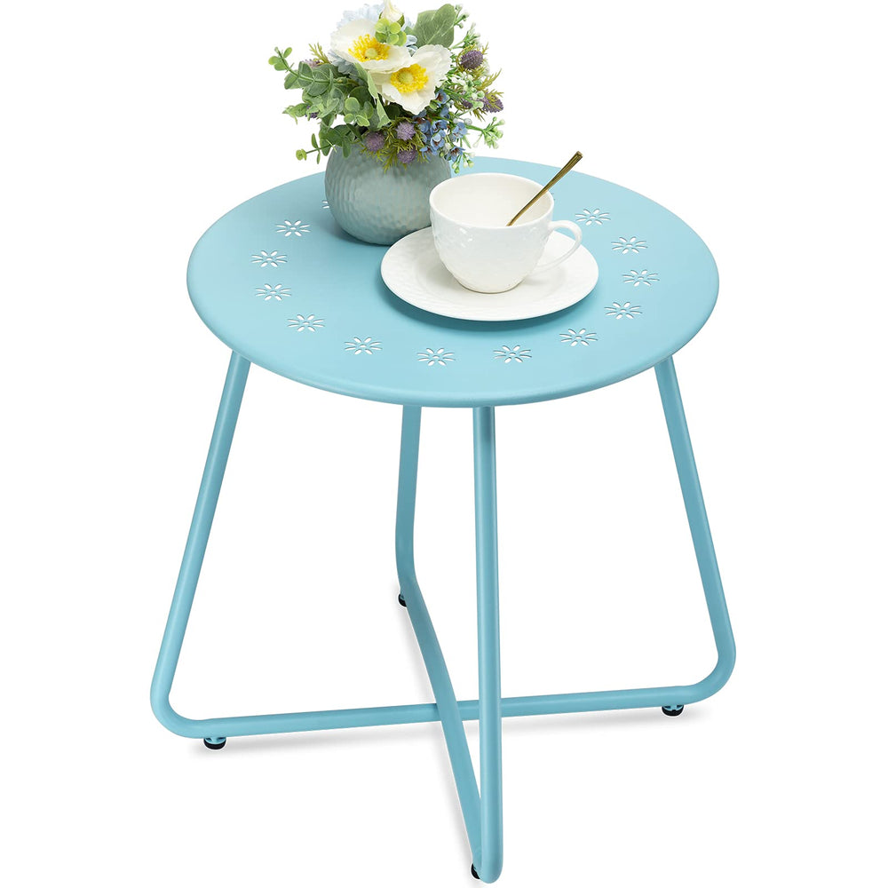 danpinera front view blue side table showing sturdy frame and decorative look