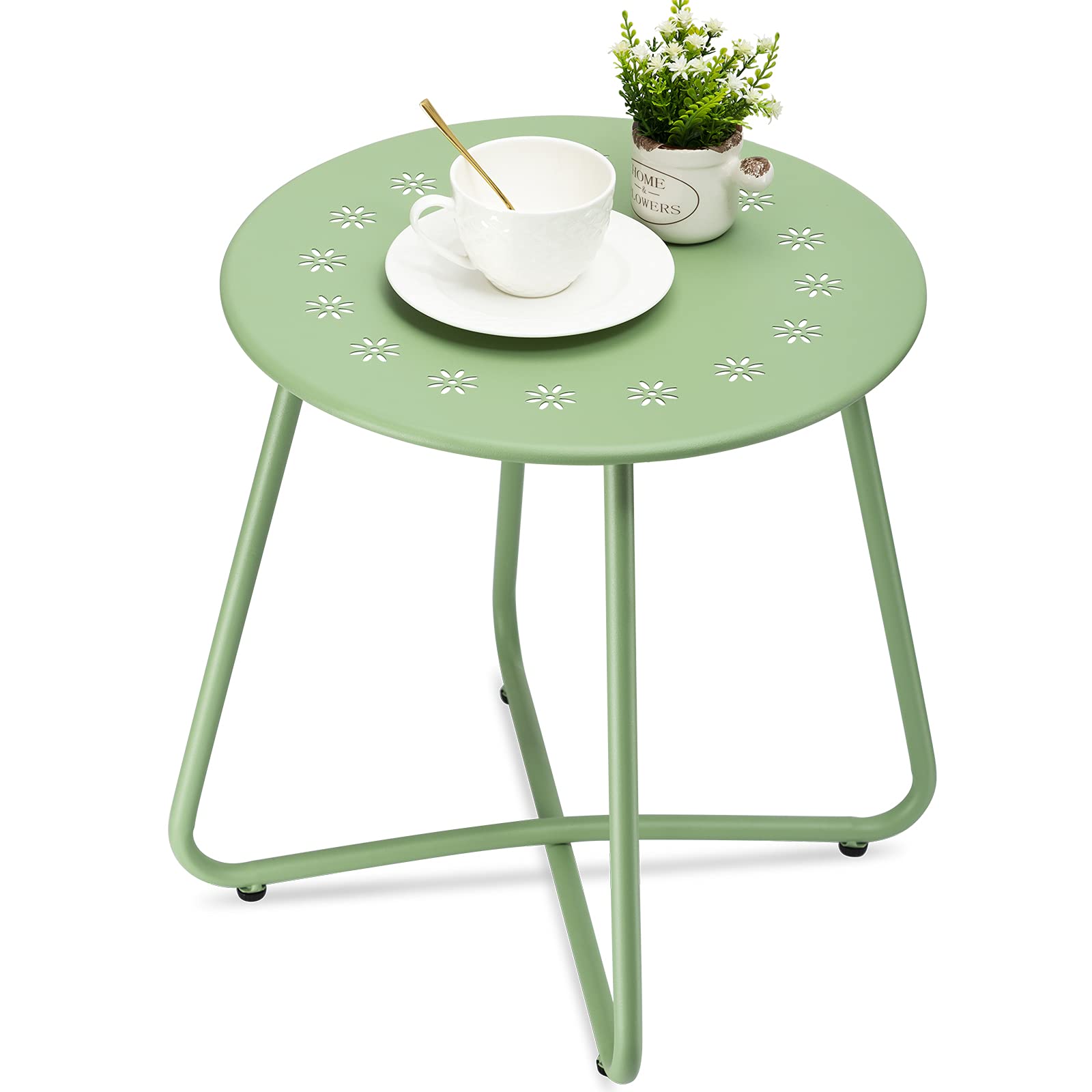 danpinera front view of green metal side table showing compact, decorative design and stability