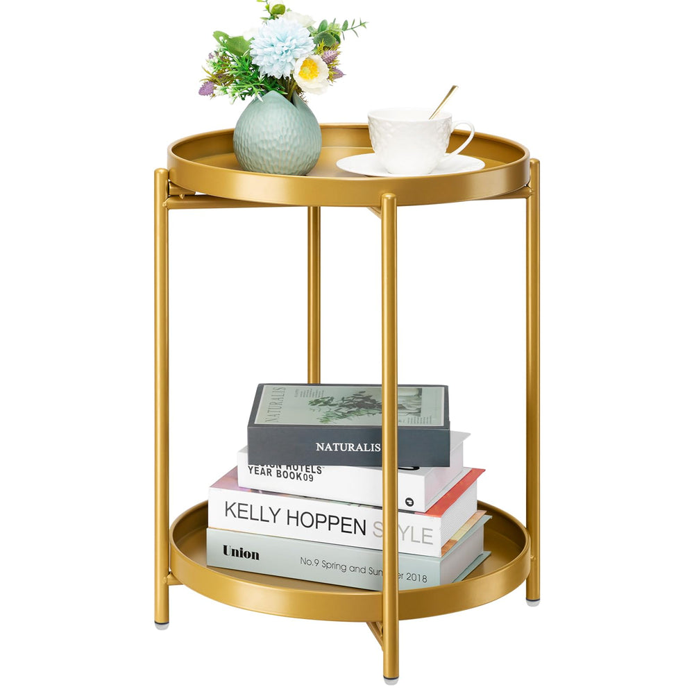 danpinera front view of two gold end tables showing tiered design and removable trays for versatile use