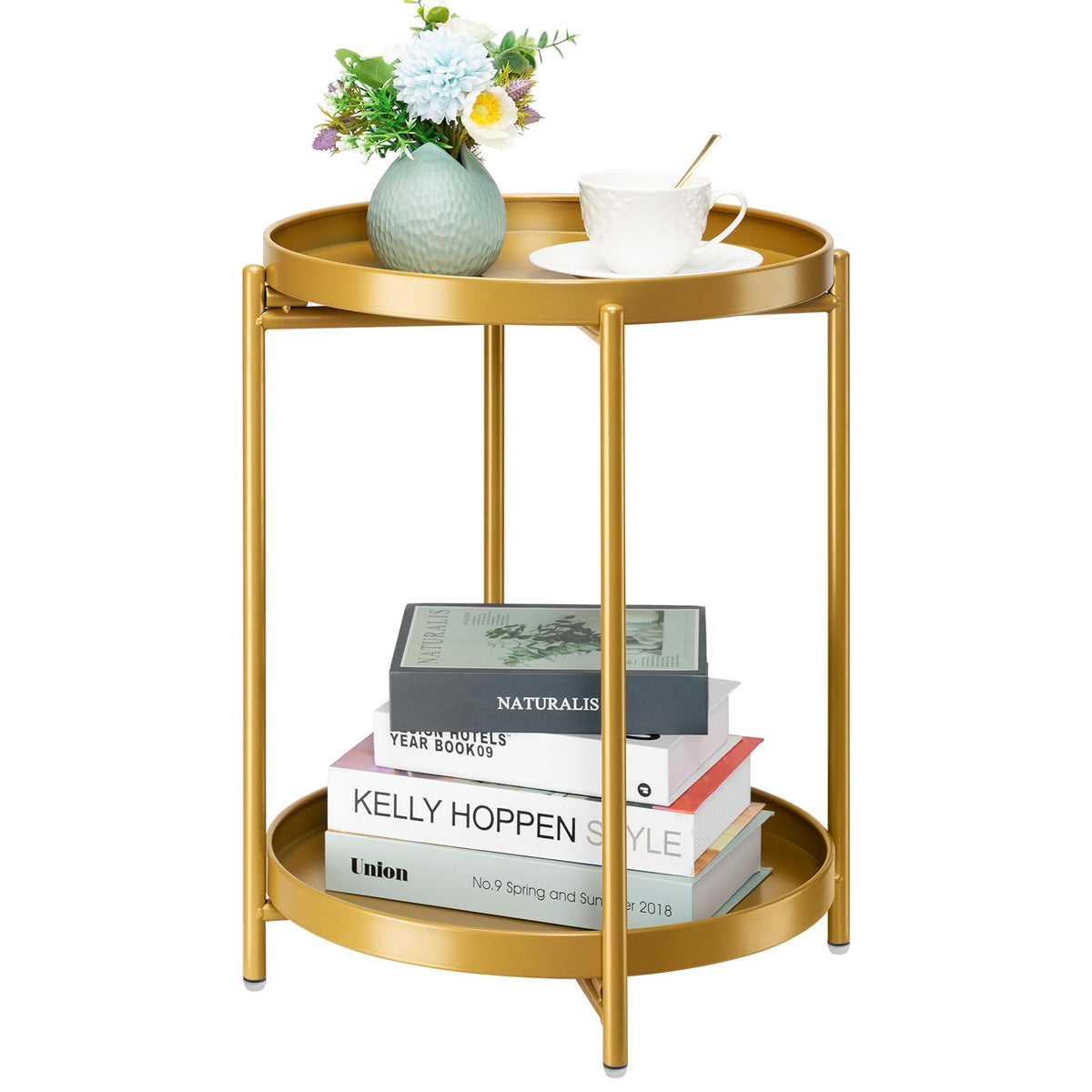 danpinera front view of two gold end tables showing tiered design and removable trays for versatile use