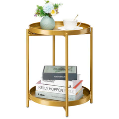 danpinera front view of two gold end tables showing tiered design and removable trays for versatile use