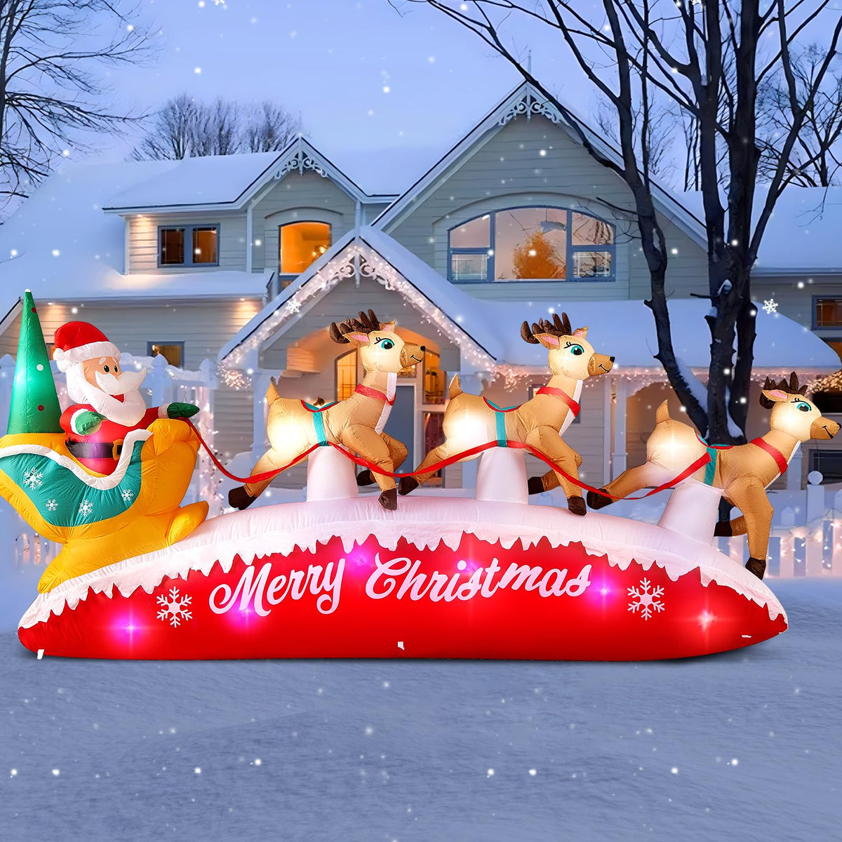 Danxilu front view of Santa sleigh and three reindeer for festive curb appeal