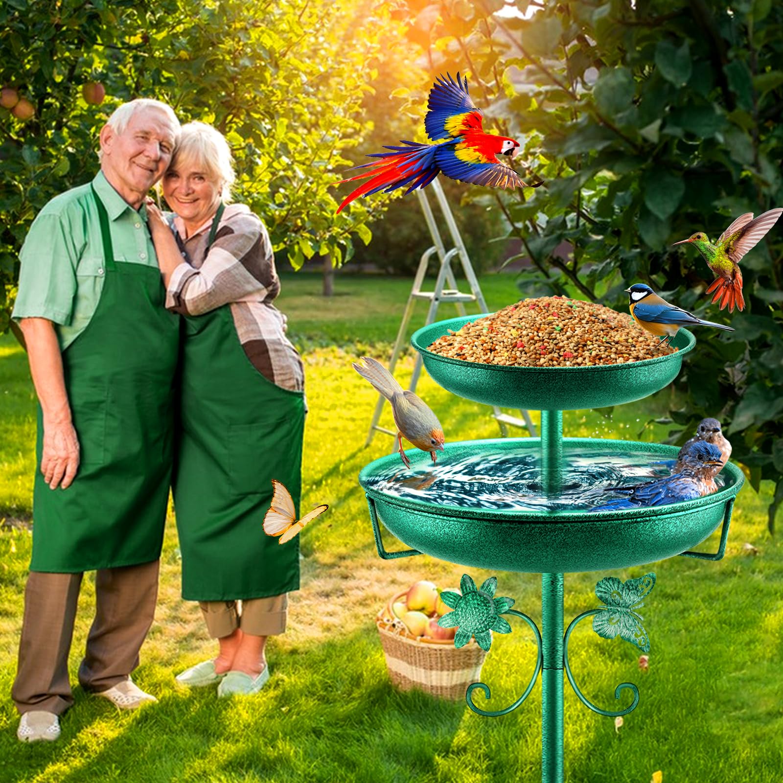 Daoeny bird bath placed among flowers showing attractive outdoor focal point