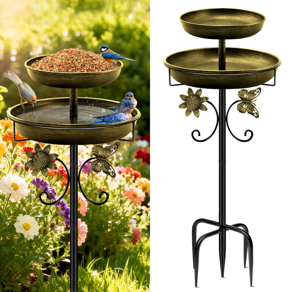 Daoeny front view of antique golden bird bath showing elegant design and attraction