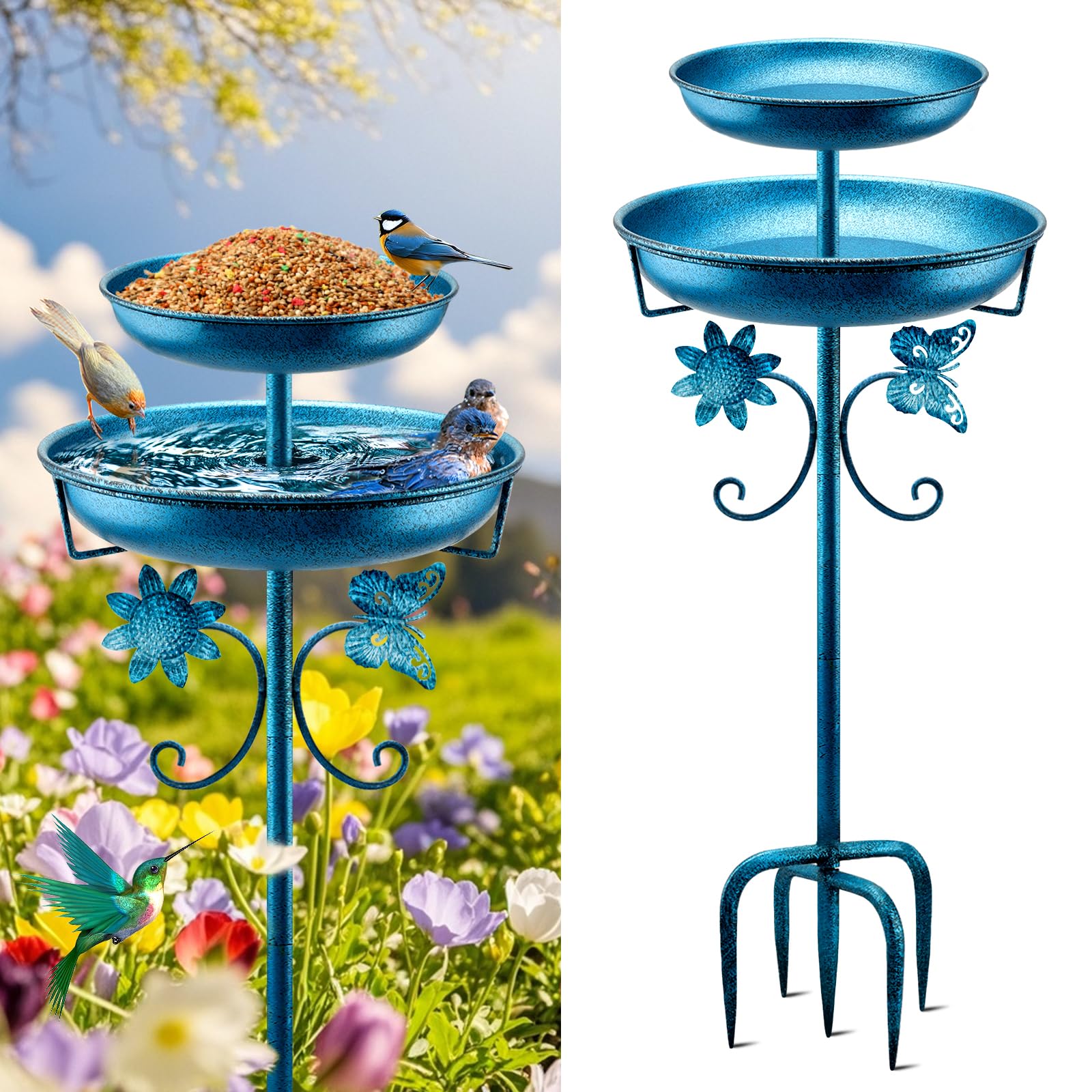 Daoeny front view blue bird bath showing full double-bowl design and stable stance