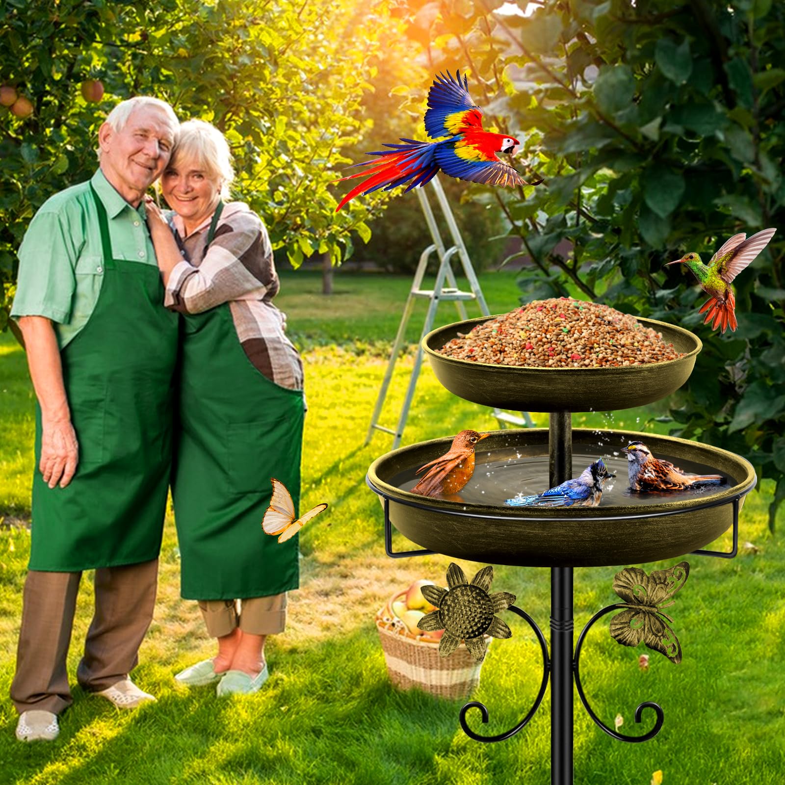 Daoeny bird bath size comparison in yard showing scale and placement benefit