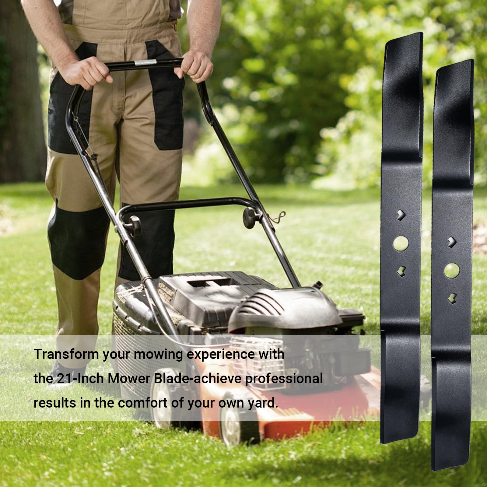 DAOLONG blade in backyard mowing scene illustrating efficient, clog-free lawn trimming