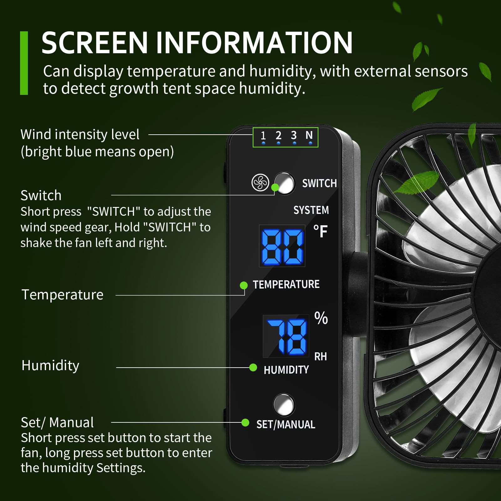 DAOTAILI fan controls showing one-button speed selection for quiet adjustable operation