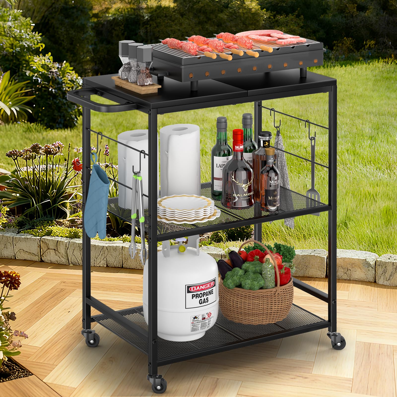 DAOUTIME front view of grill cart showing stable prep area and storage benefit