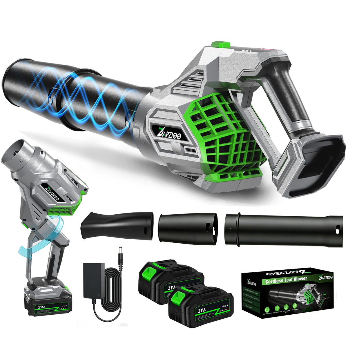 DAPZIOO front view of blower body and included accessories showing ready-to-use convenience