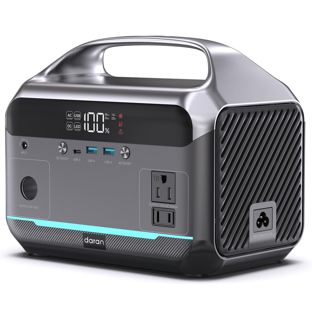 Daran front view showing compact portable power station and clear labeling for quick setup