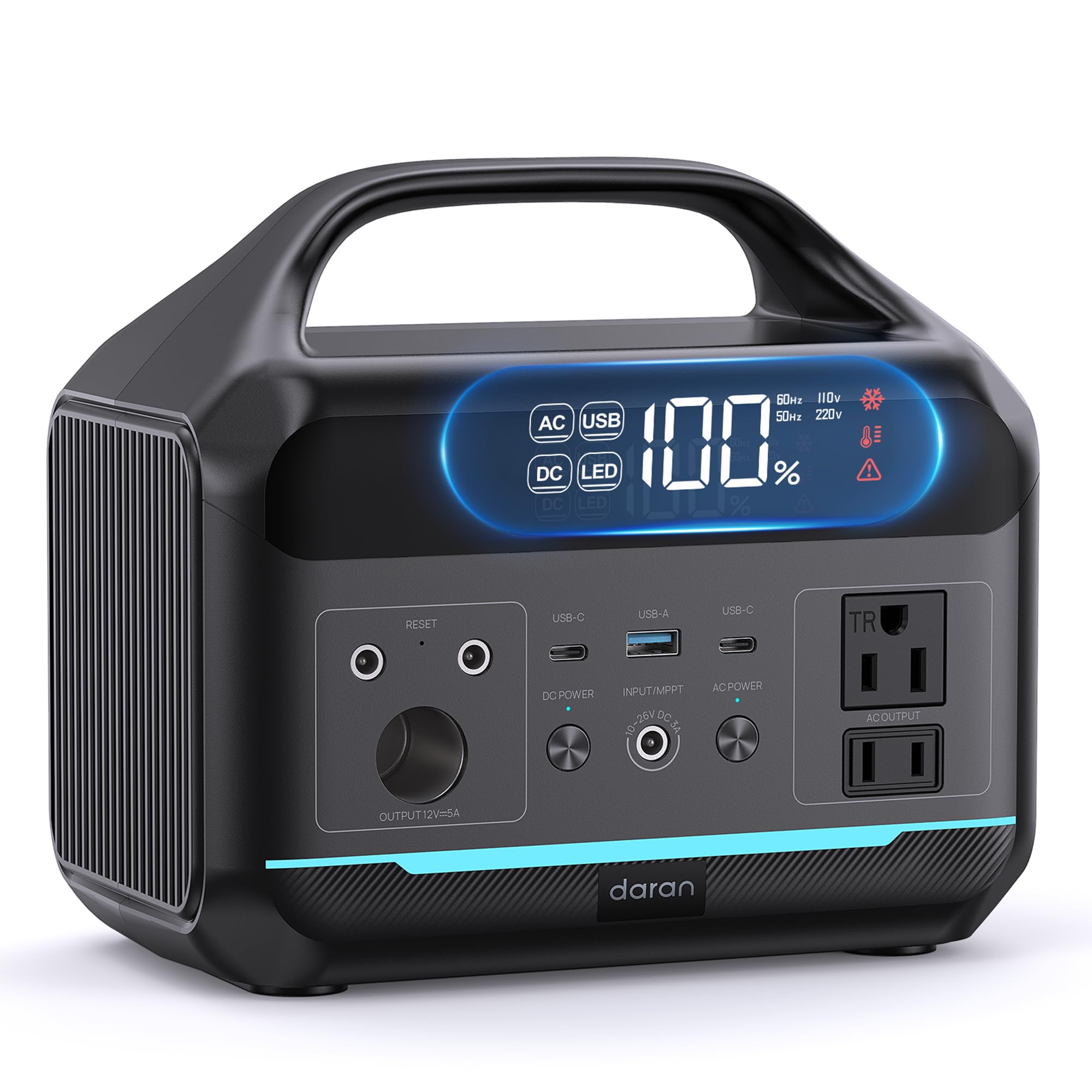 DARAN front view showing compact 300W unit and ports, ideal for travel