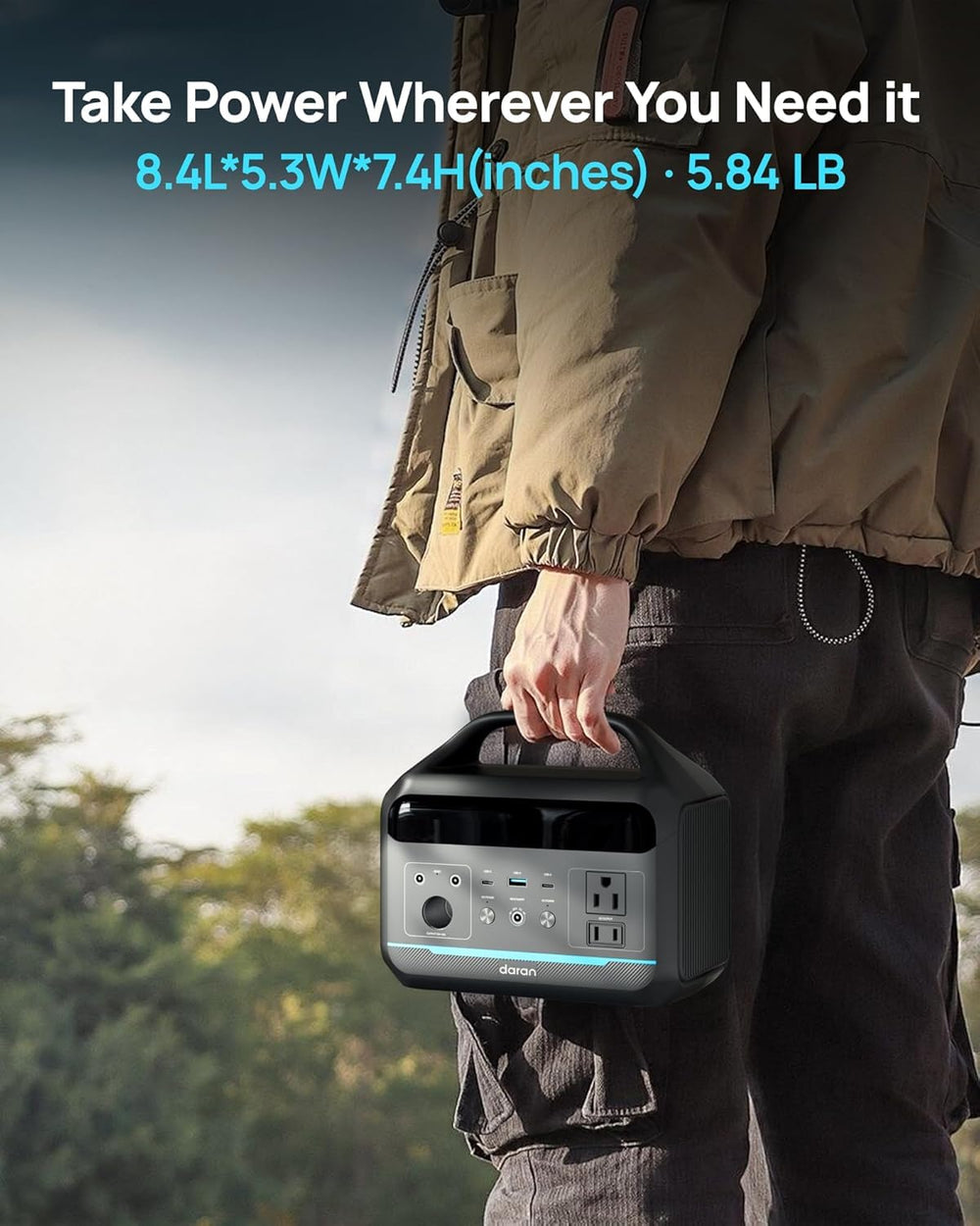 DARAN running mini fridge and lights at campsite for dependable power