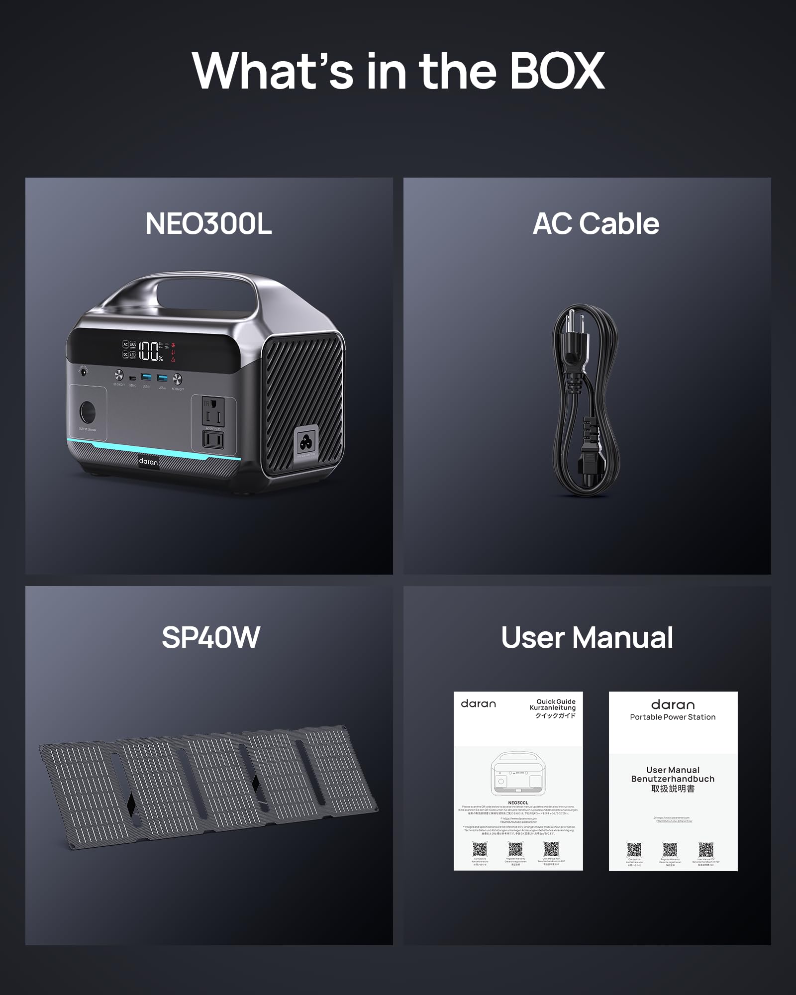 Daran kit laid out showing power station, solar panel and included accessories