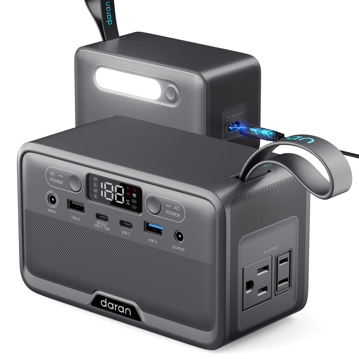 DaranEner front panel showing AC outlet and handle for easy portability