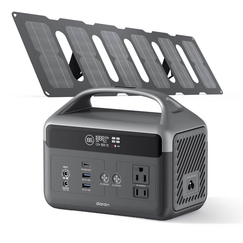 DaranEner front view showing unit and solar panel for portable reliable power
