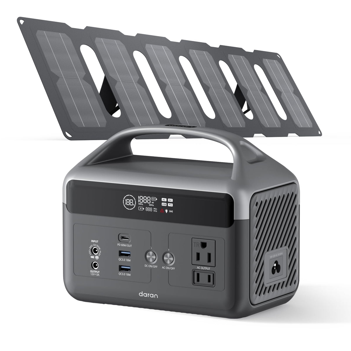DaranEner front view showing unit and solar panel for portable reliable power
