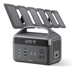 DaranEner front view showing unit and solar panel for portable reliable power