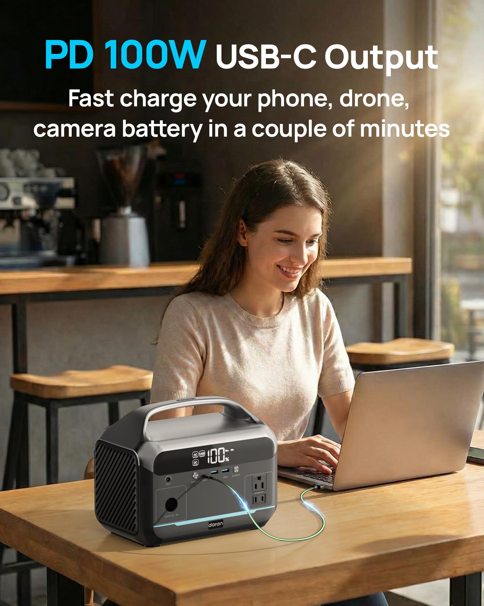 DaranEner USB-C PD port close-up enabling fast 100W device charging