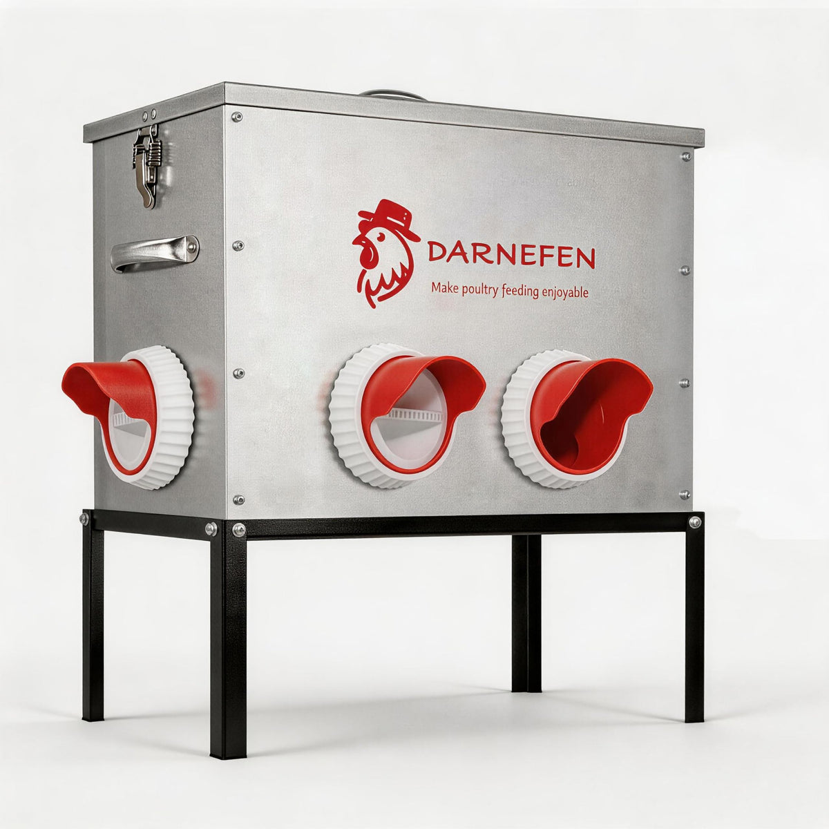 Darnefen front view of galvanized 40lb feeder showing capacity and ports benefit clean feeding