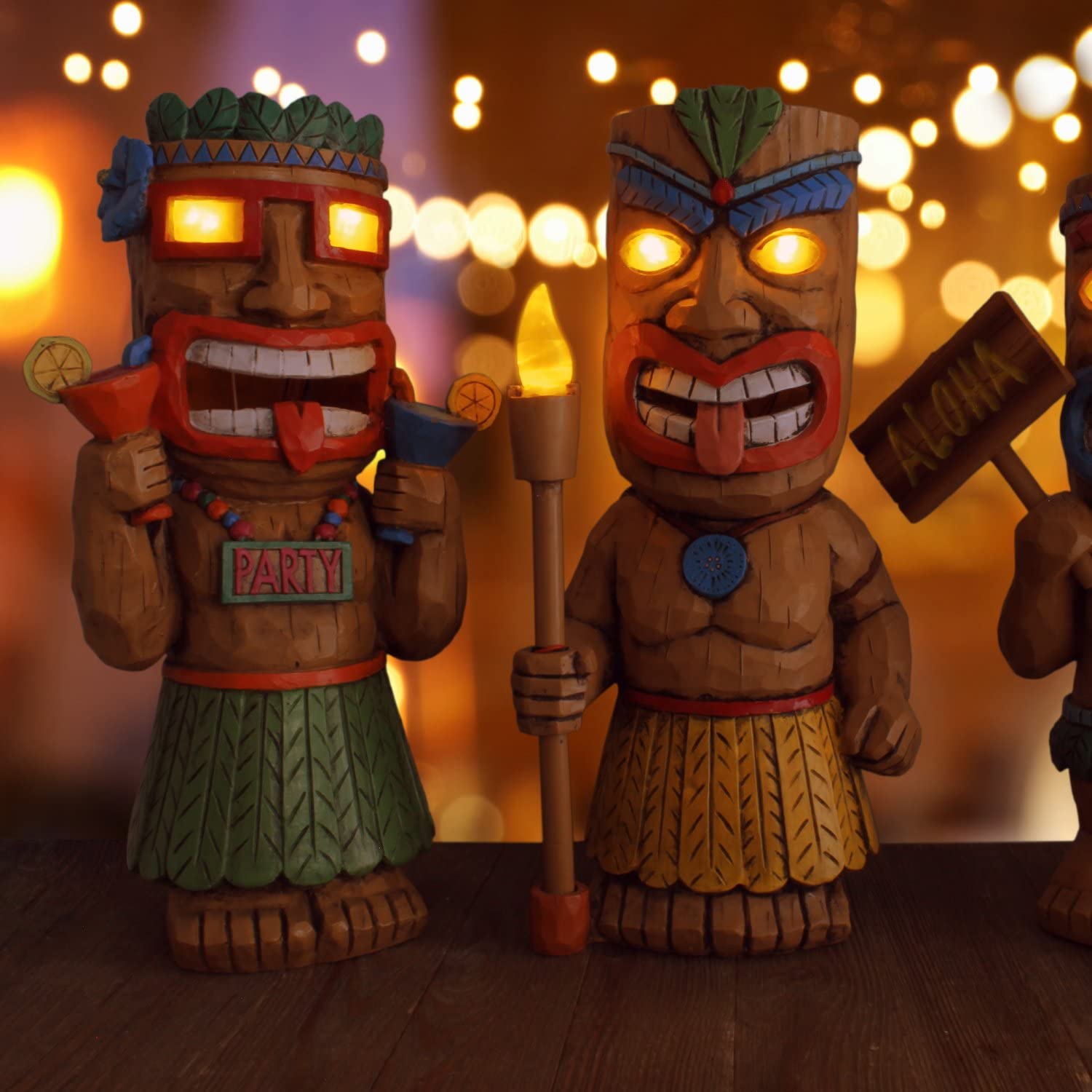 Darware tiki near pool glowing at night creating ambient party lighting