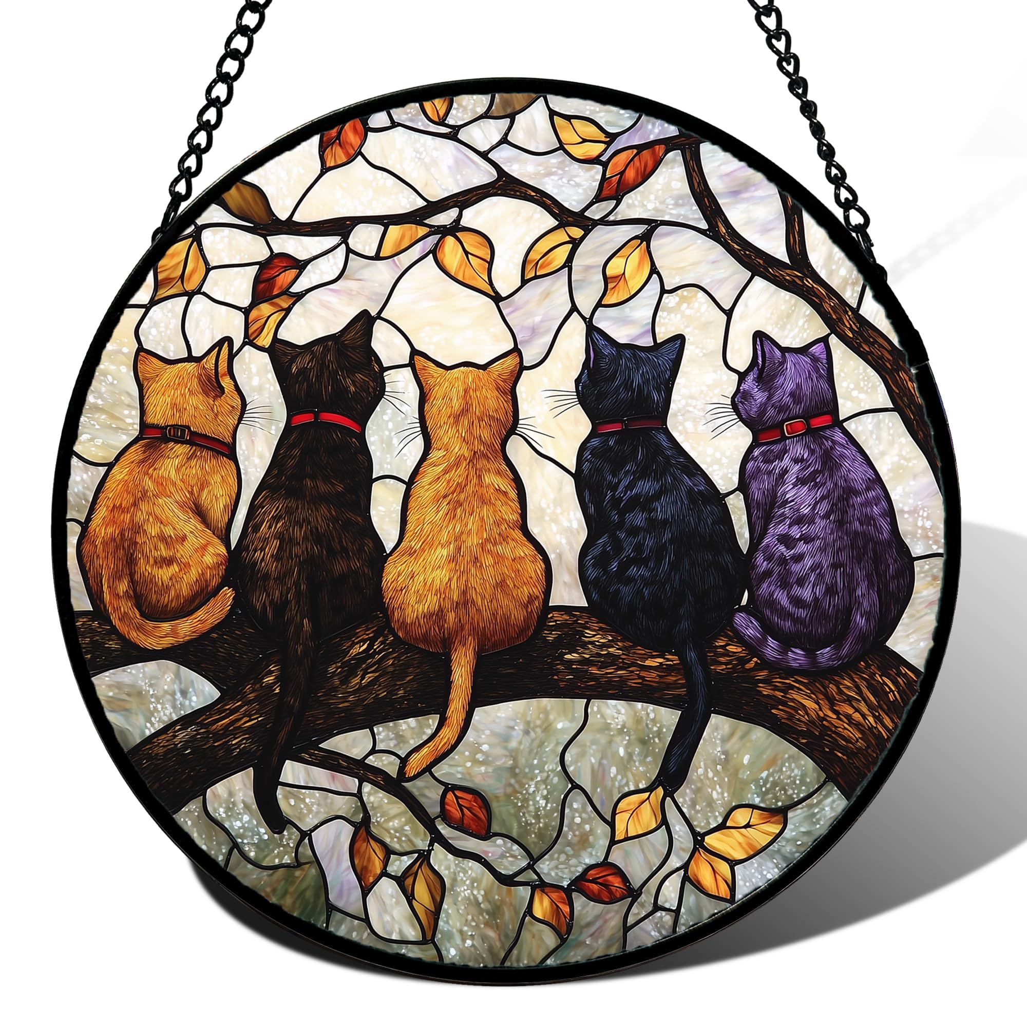 DASTOLL front view of 5 cats on a branch suncatcher showing vivid colors and framed edge benefit: instant window accent