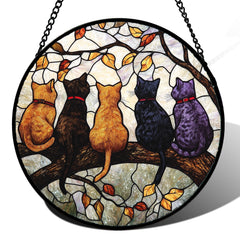 DASTOLL front view of 5 cats on a branch suncatcher showing vivid colors and framed edge benefit: instant window accent