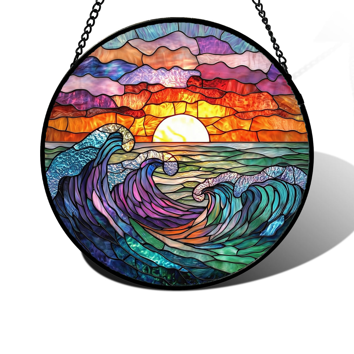 DASTOLL front view of stained glass suncatcher showing vibrant colors and shape benefit decor