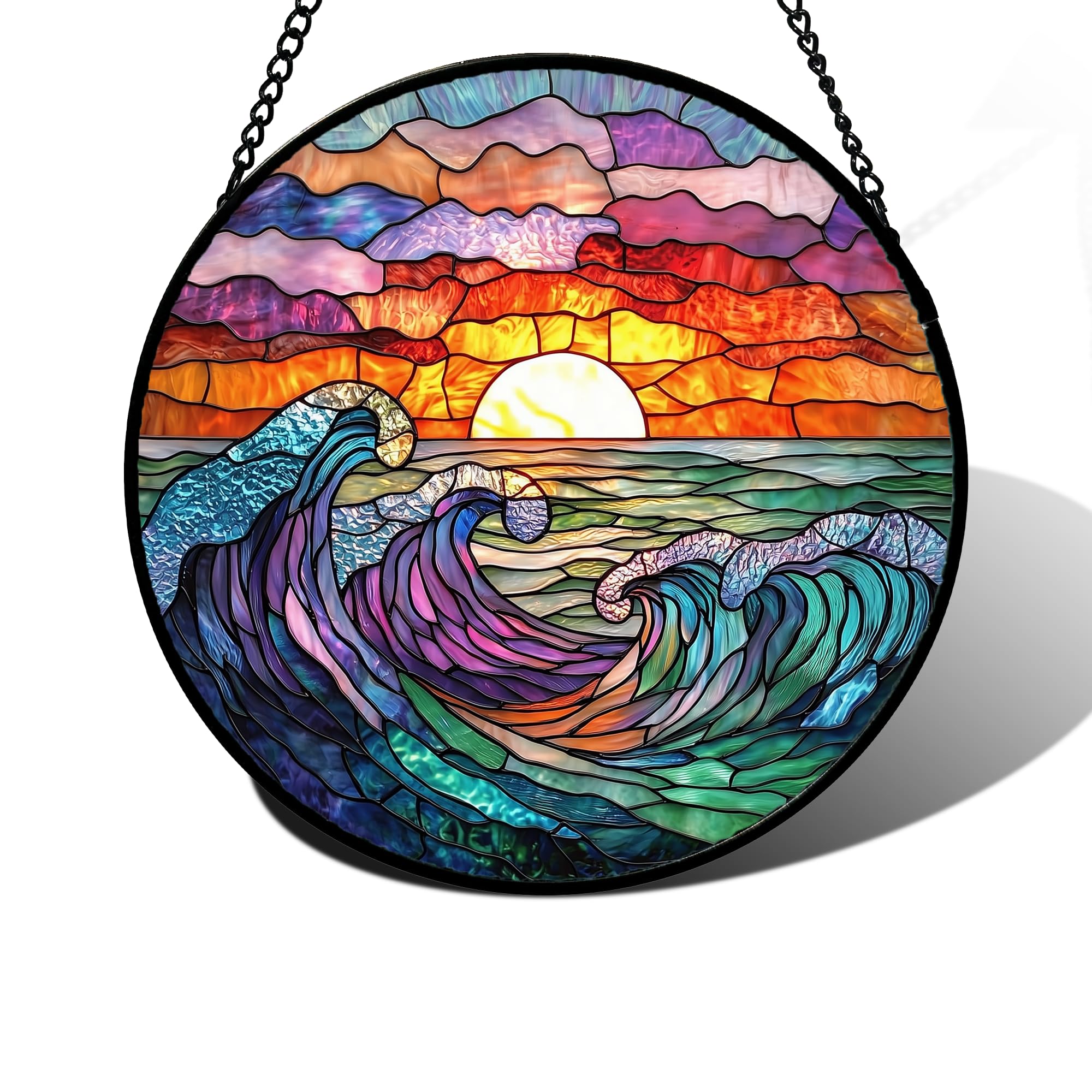 DASTOLL front view of stained glass panel showing clouds and waves vibrant color