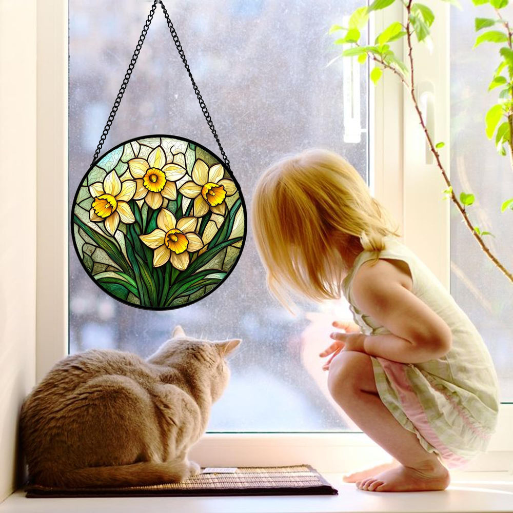 DASTOLL panel hanging in sunlit window creating colorful reflections and mood