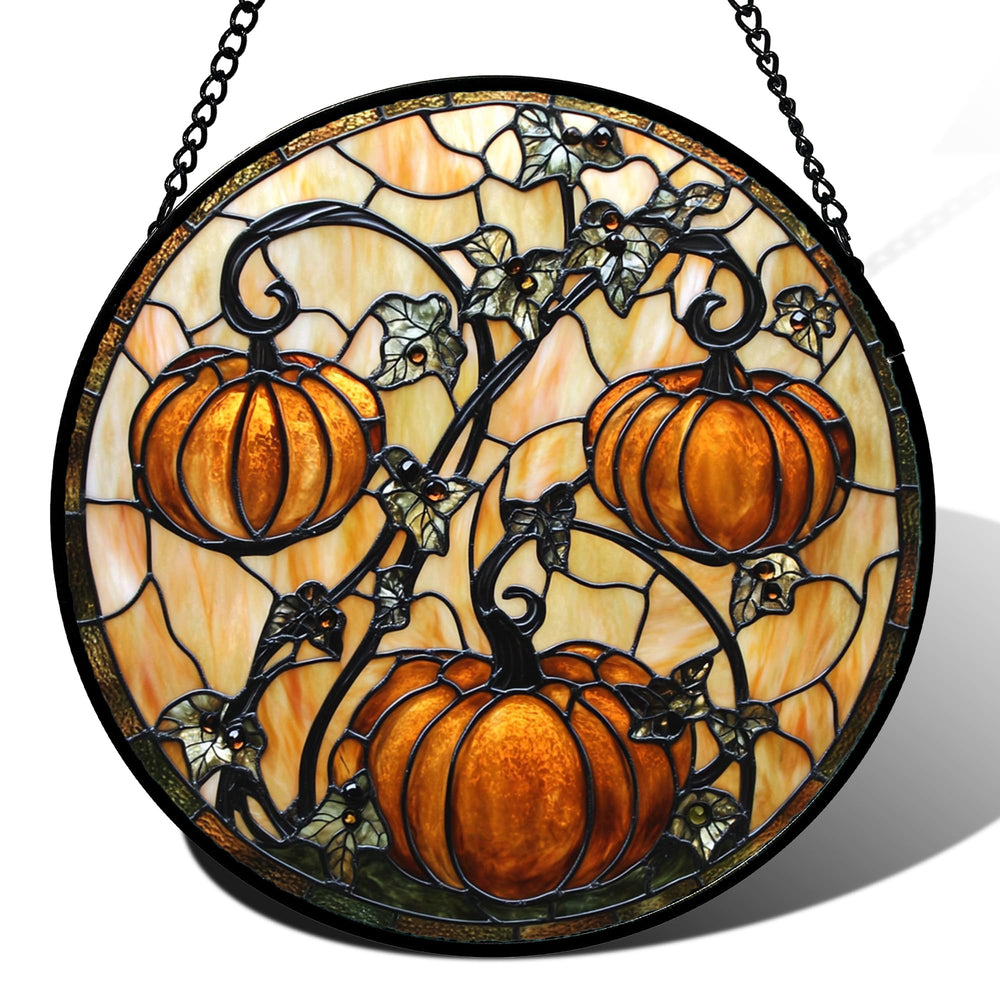 DASTOLL stained glass front view showing pumpkin motif and vivid orange color enhancing a window