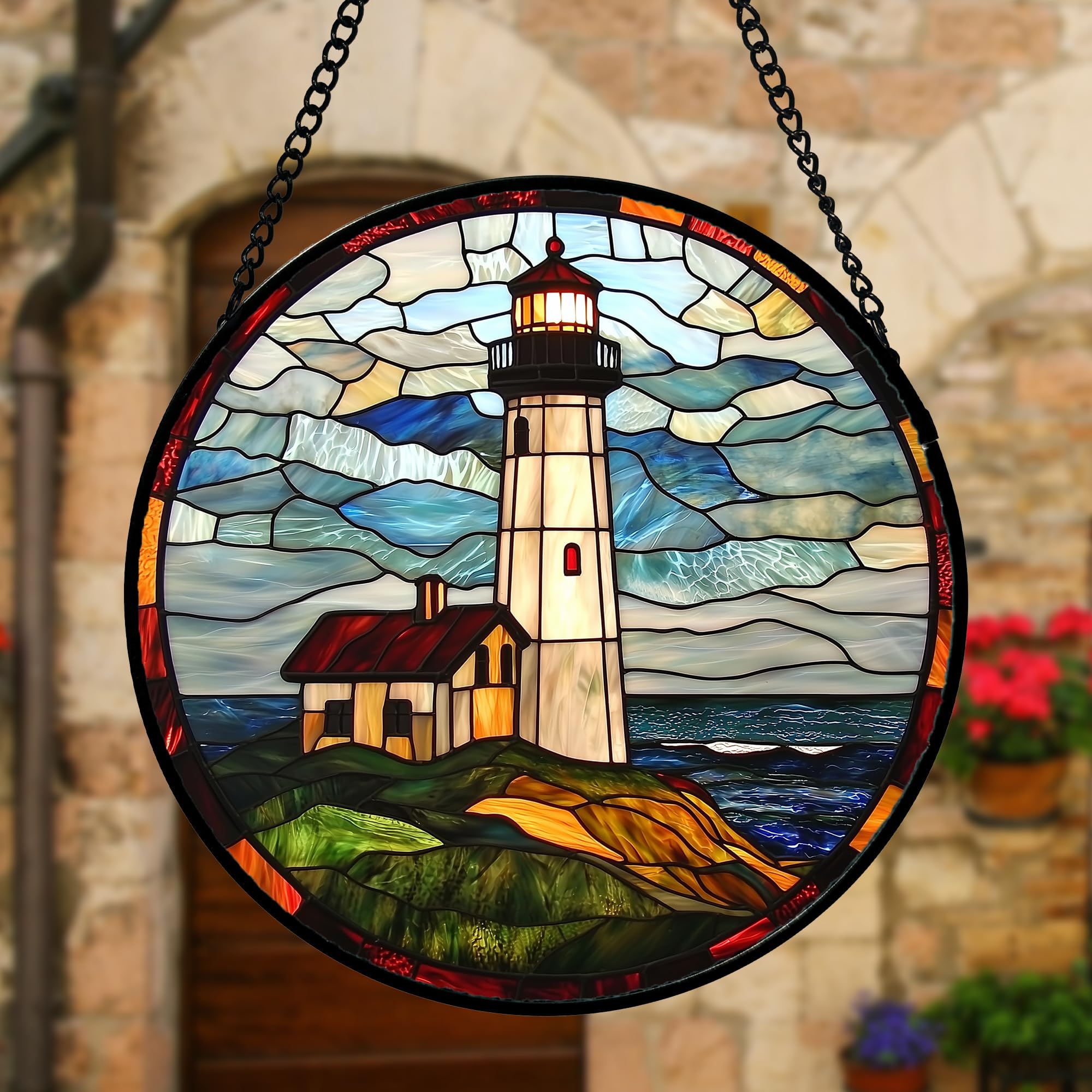 DASTOLL suncatcher in window with sunlight creating blue-green reflections