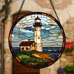DASTOLL suncatcher in window with sunlight creating blue-green reflections