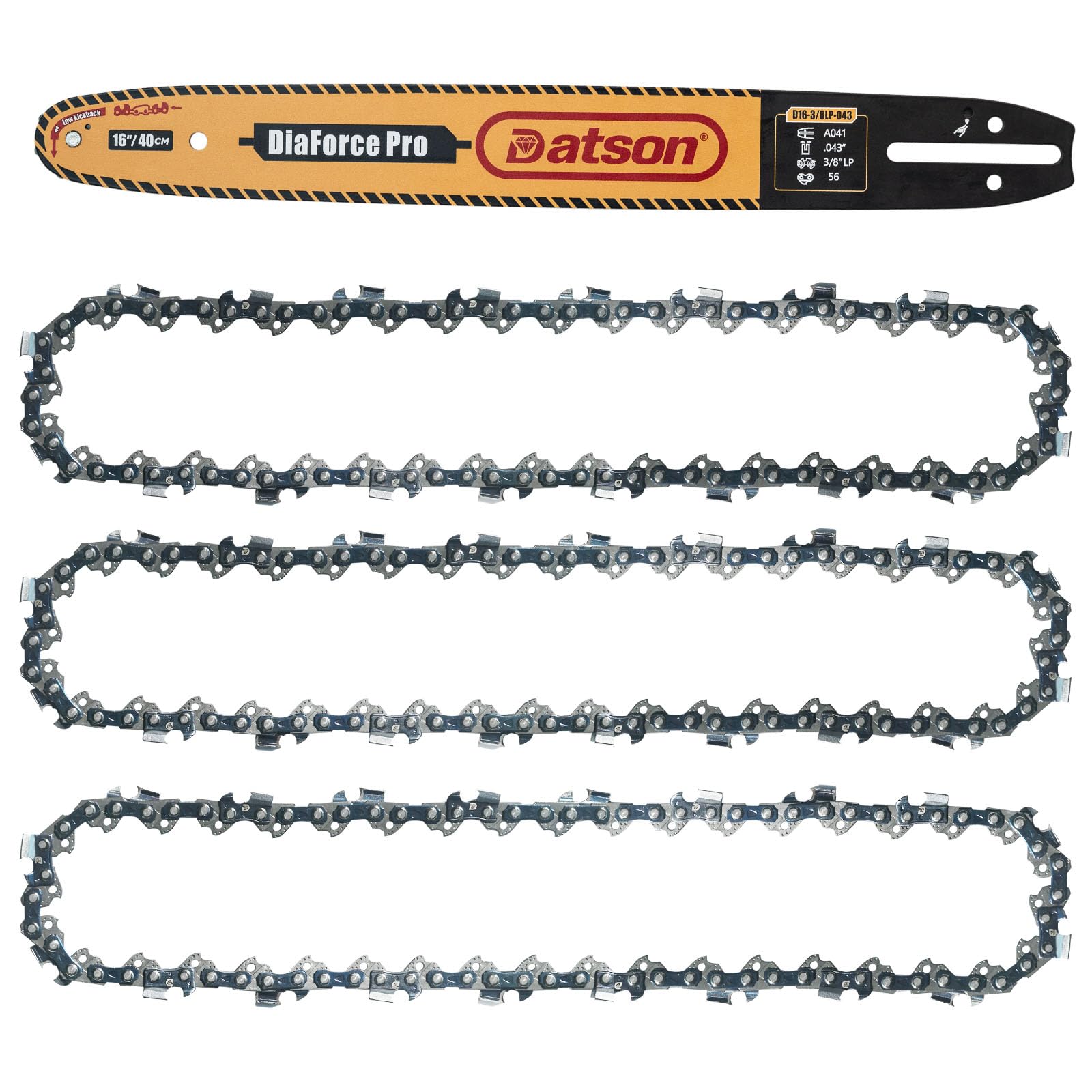 DatsenAAA front packaging showing 16-inch bar and extra chains, clear fit information