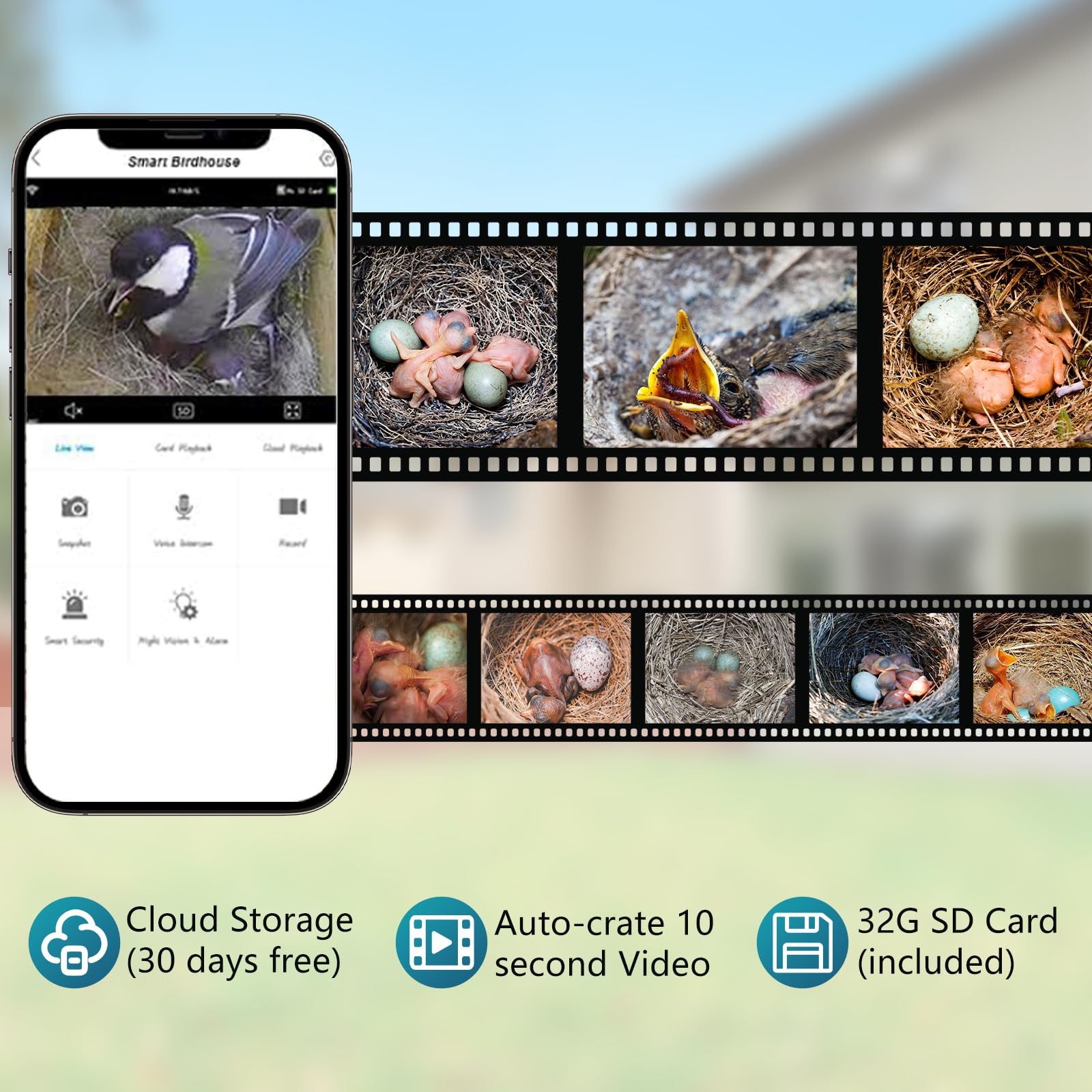 Daulpell 32GB memory card next to slot showing local storage for long term footage