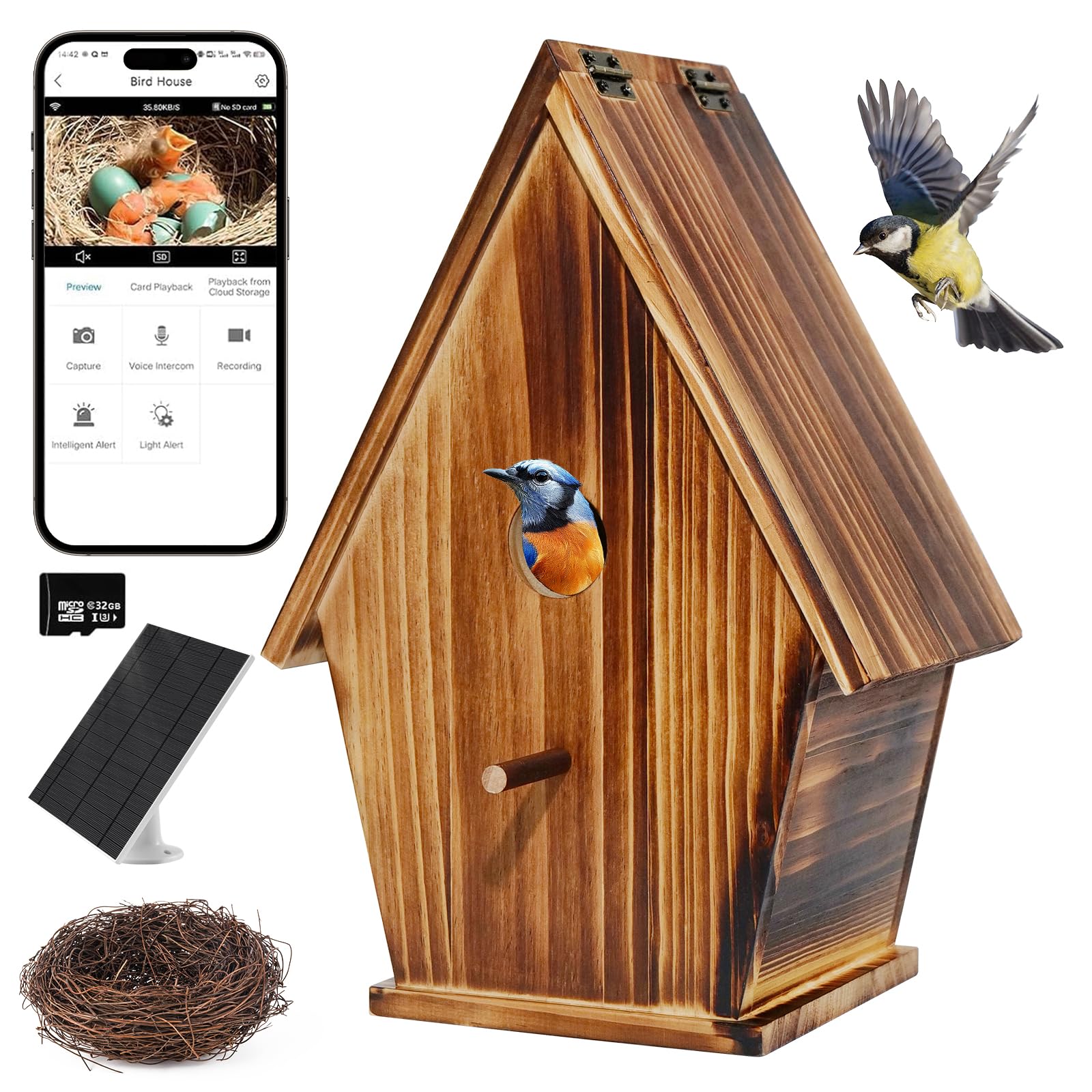 Daulpell front exterior of bird house showing natural wood and entrance, durable shelter for birds