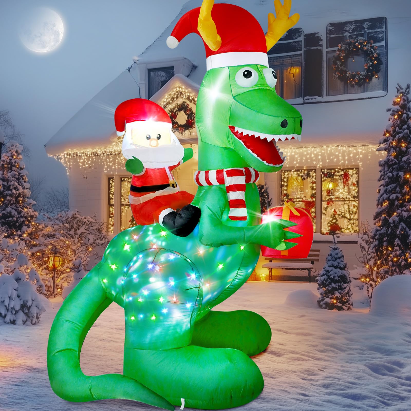 Dawdix front view of dinosaur with Santa, bright welcoming yard centerpiece