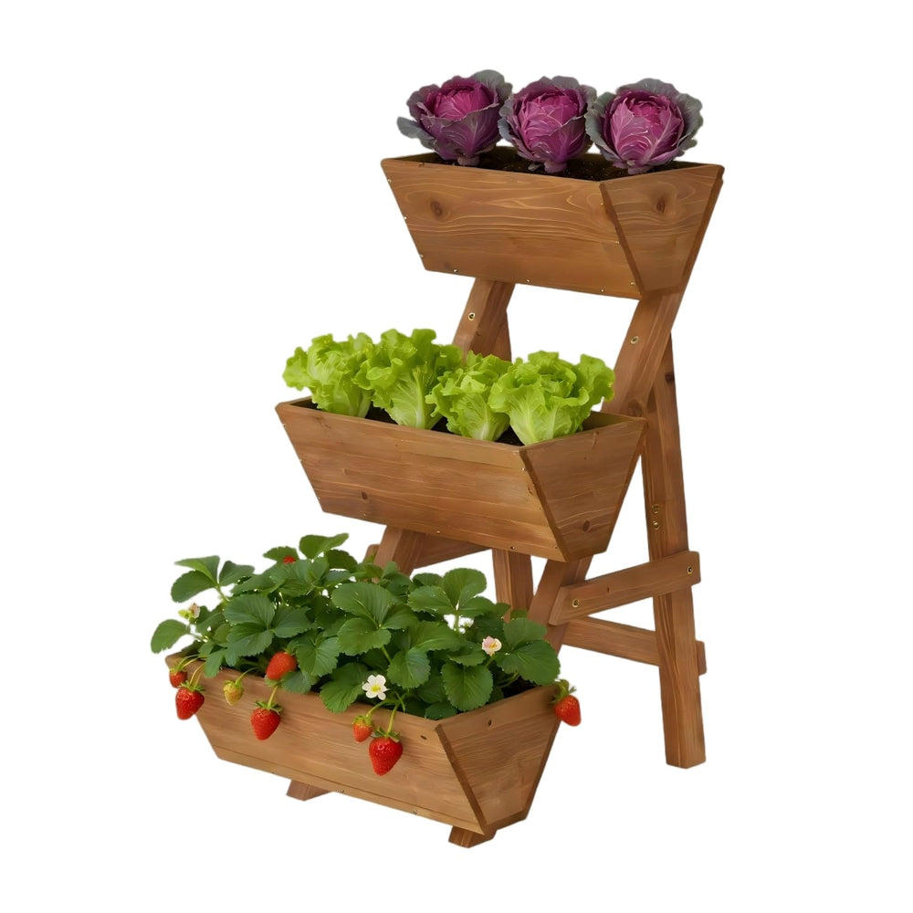 Dawnyard front view of three-tier planter showing compact space-saving layout