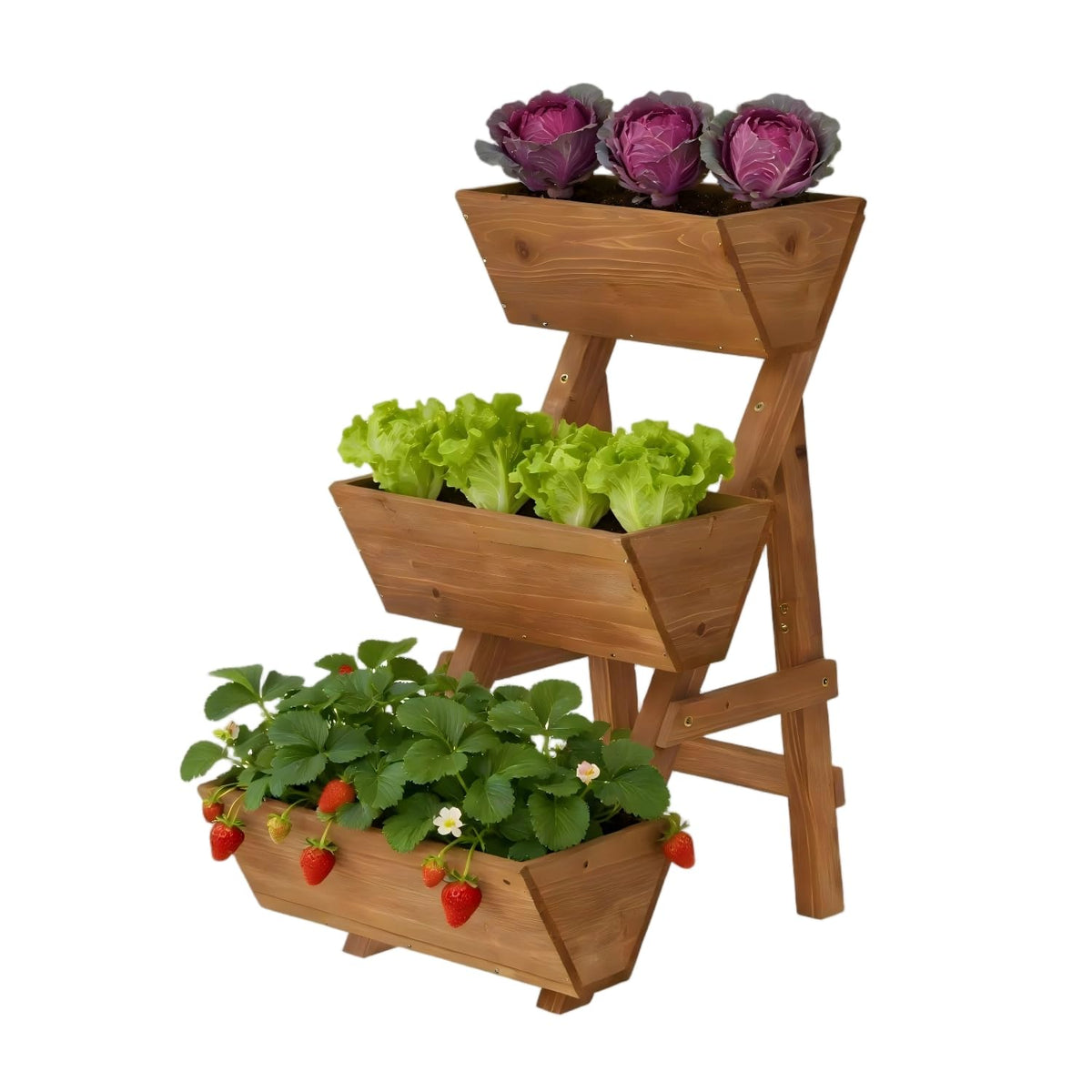 Dawnyard front view of three-tier planter showing compact space-saving layout