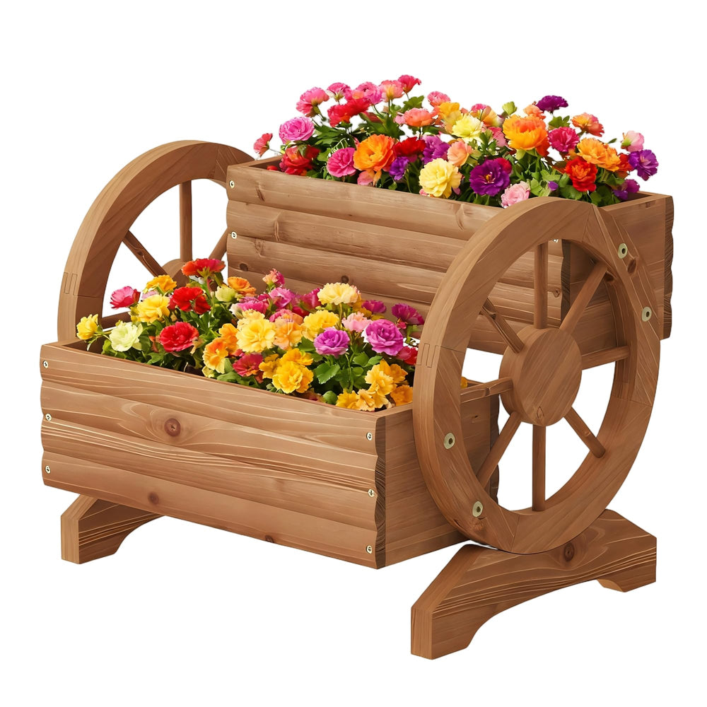 Dawnyard front view of wagon planter showing rustic curb appeal and planting benefit