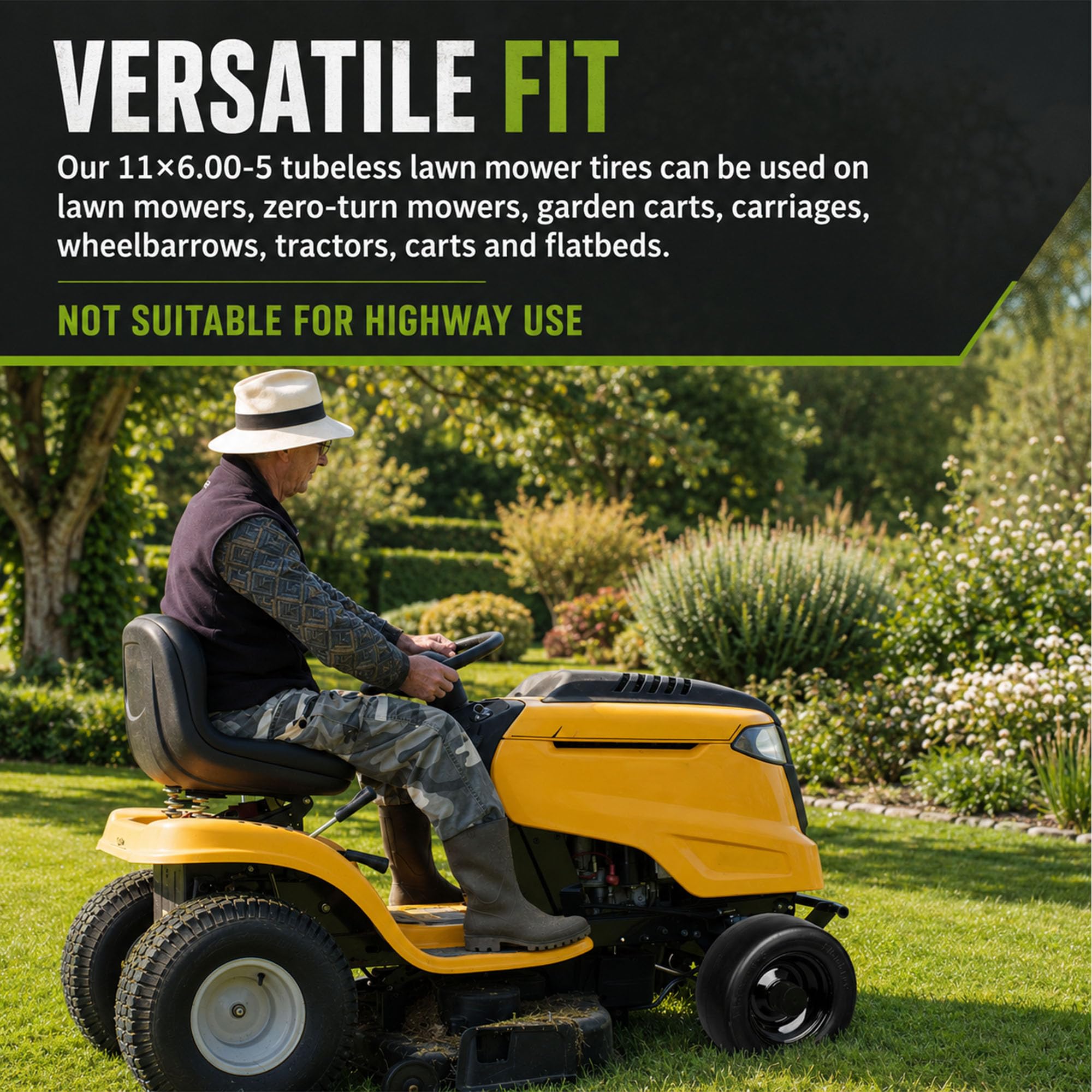 Dawpew wheels fitted on a mower in grass demonstrating steady all-terrain performance