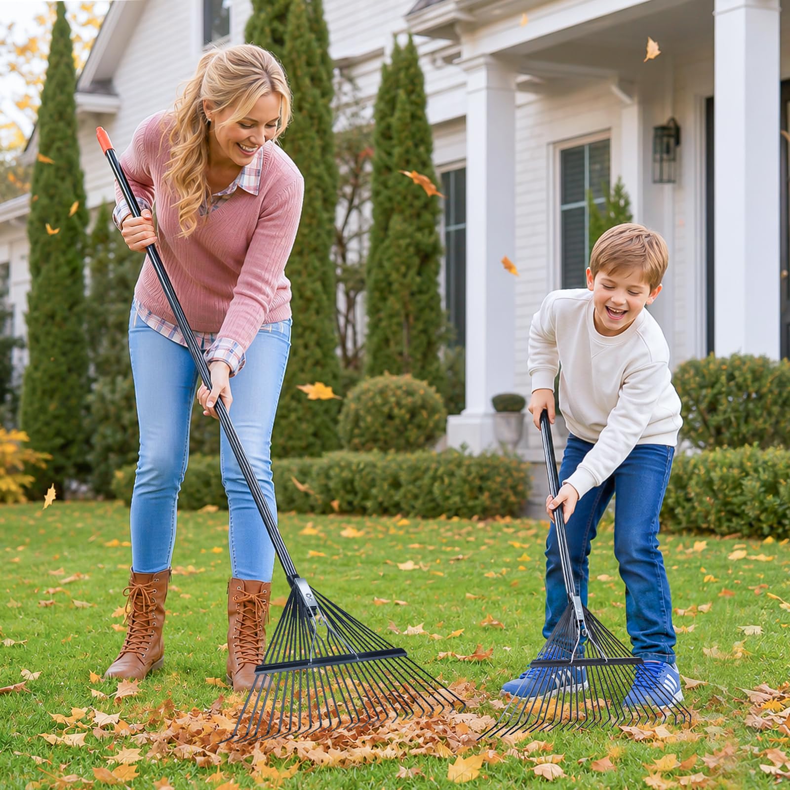 Daxguard rake in use collecting leaves to speed yard cleanup and pile formation