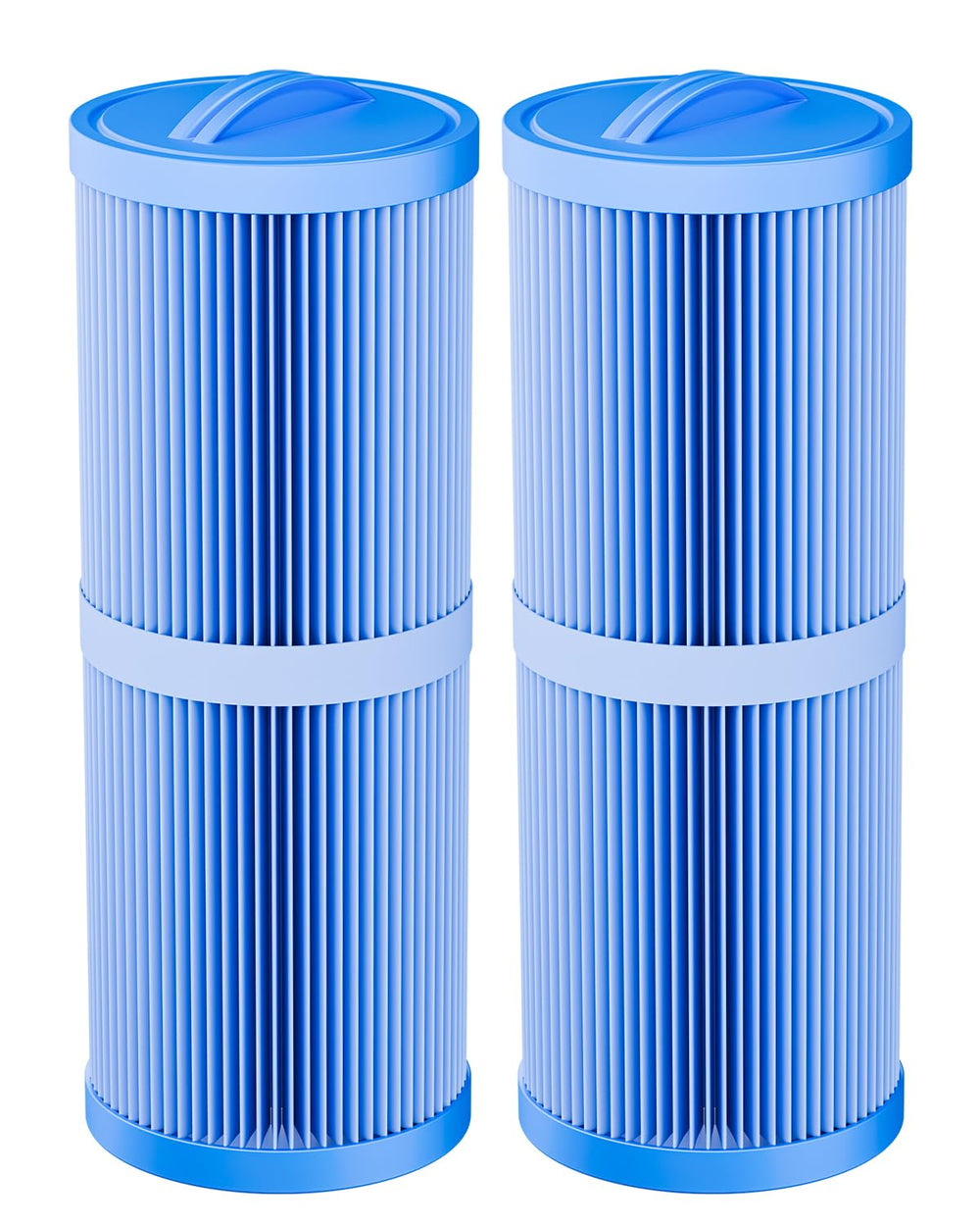 DAYEAR front view of two blue spa filters showing fit and finish for quick replacement