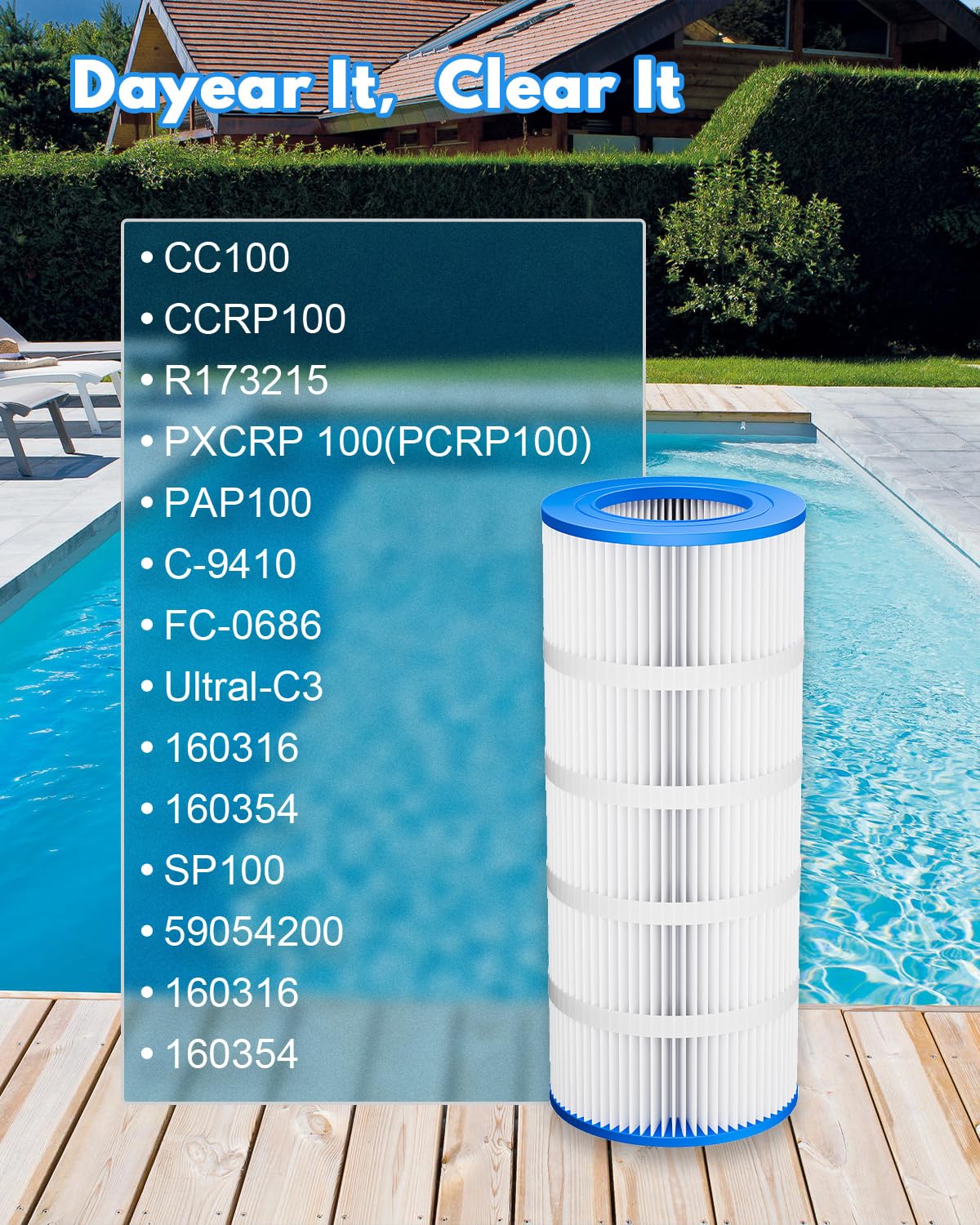 DAYEAR cartridge near backyard pool, represents reliable filtration for cleaner pool water